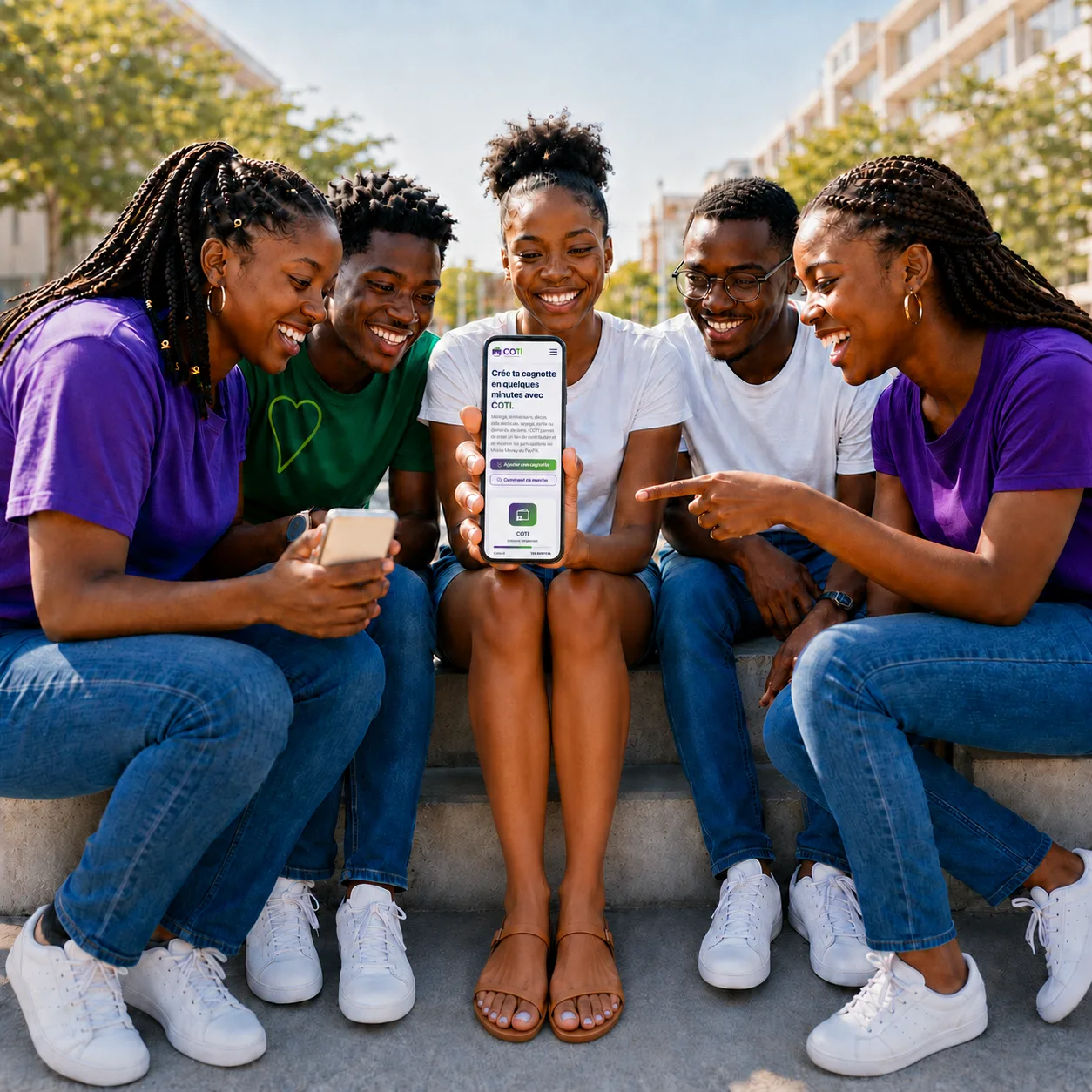 Jeunes souriants autour d’un téléphone affichant une contribution COTI